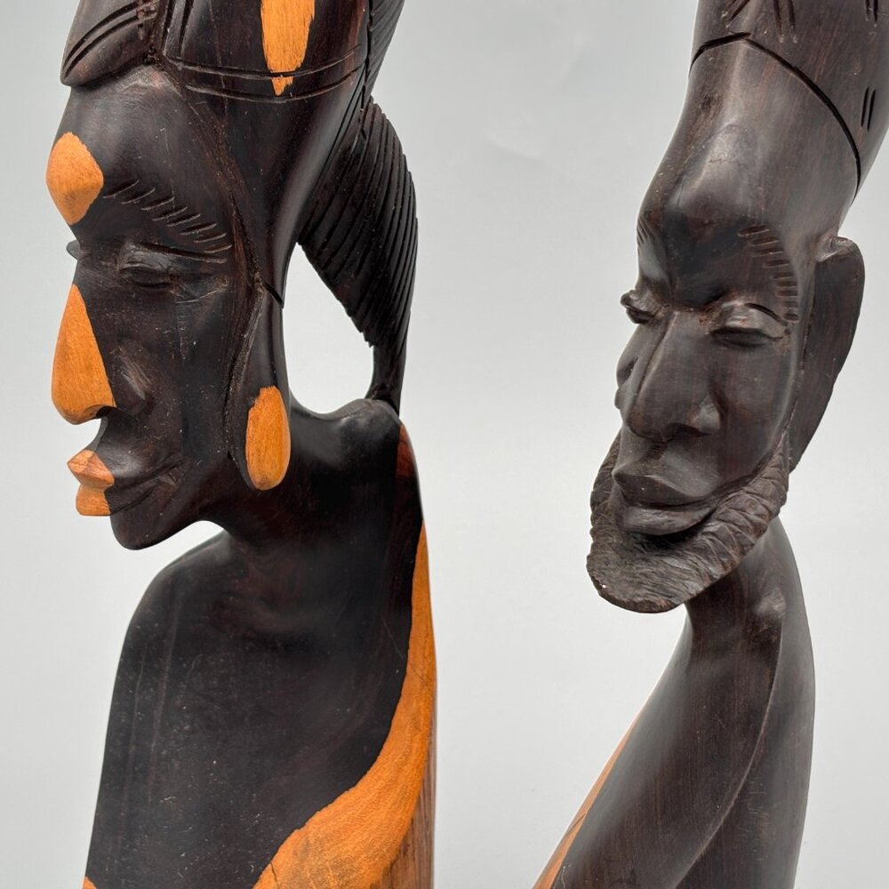 Vintage Hand Carved African Wooden Figurines Pair Tribal Bust Sculptures Wood - Picture 3 of 8